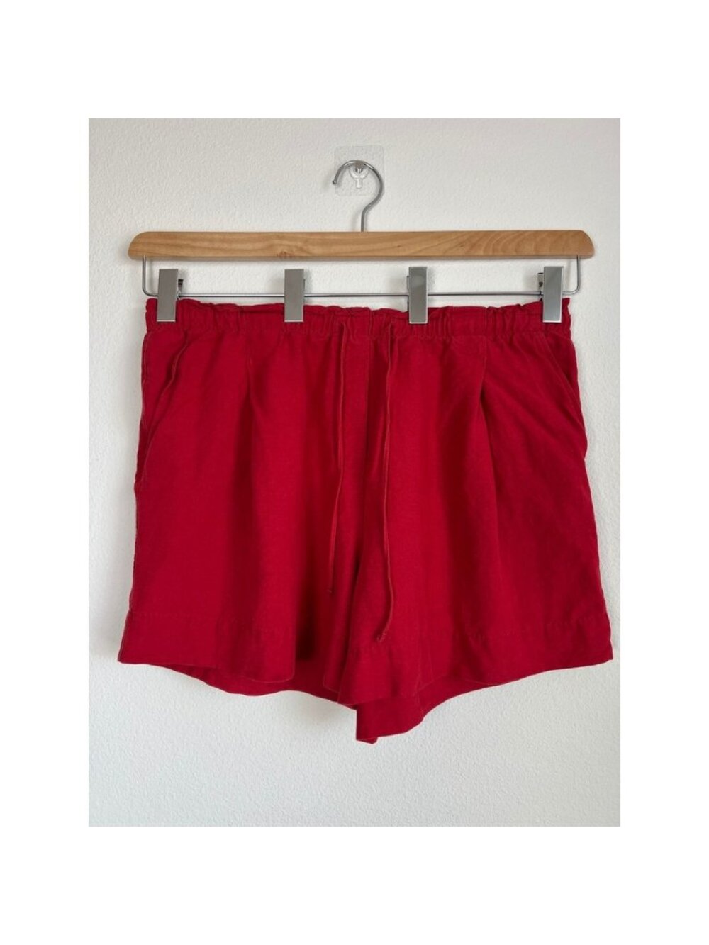 H&M Red Linen Blend Shorts Womens Sz L Pull On Casual Summer Boho Beach Vacation